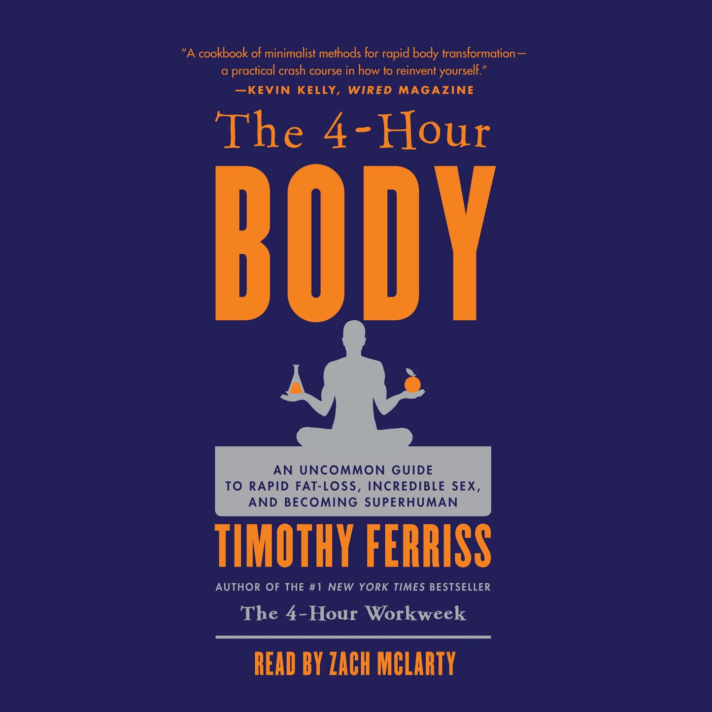 Book cover of ‘The 4-Hour Body’ by Timothy Ferriss featuring a seated silhouette holding objects on a deep blue background.