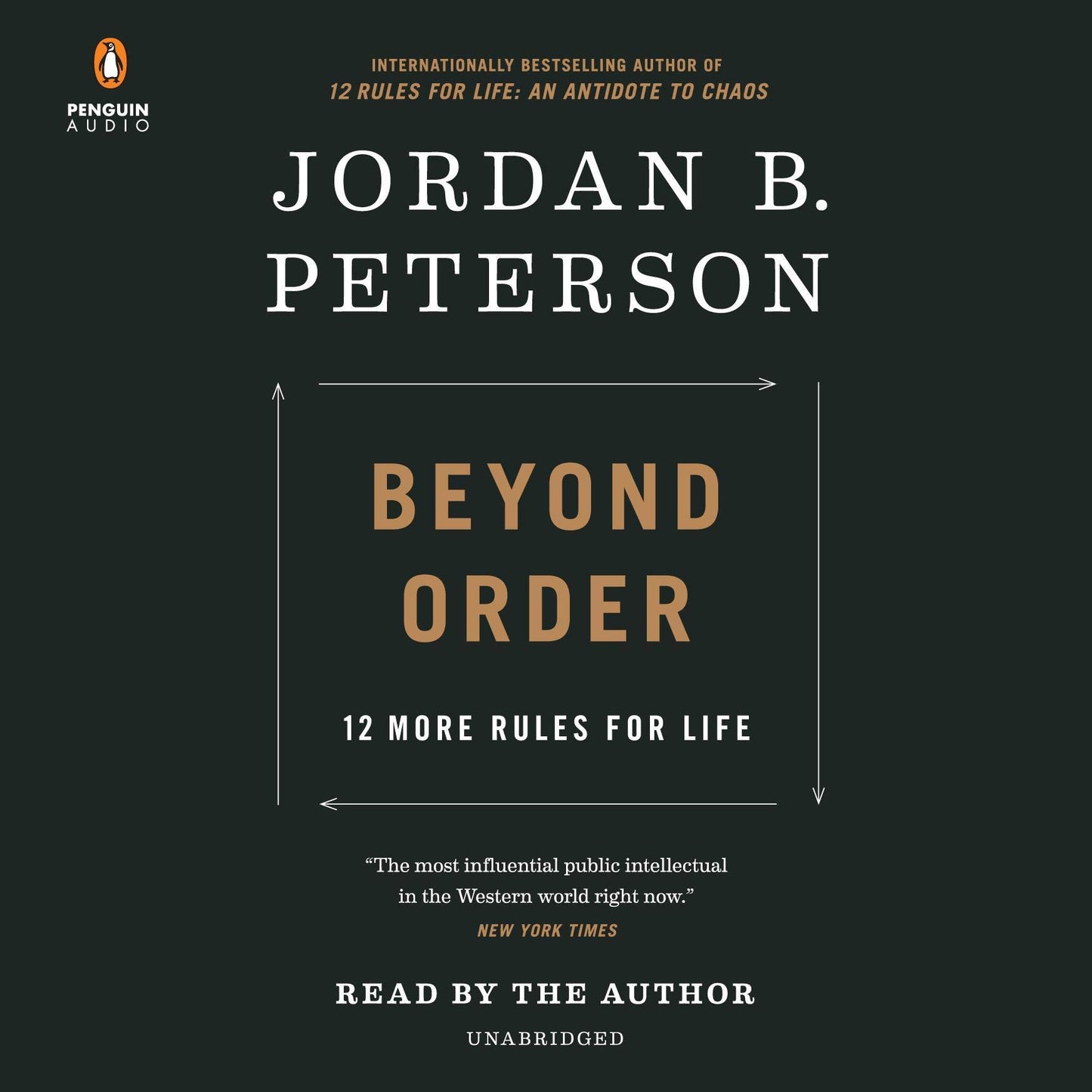 Book cover of ‘Beyond Order: 12 More Rules for Life’ by Jordan B. Peterson, featuring a minimalist black background with gold typography.