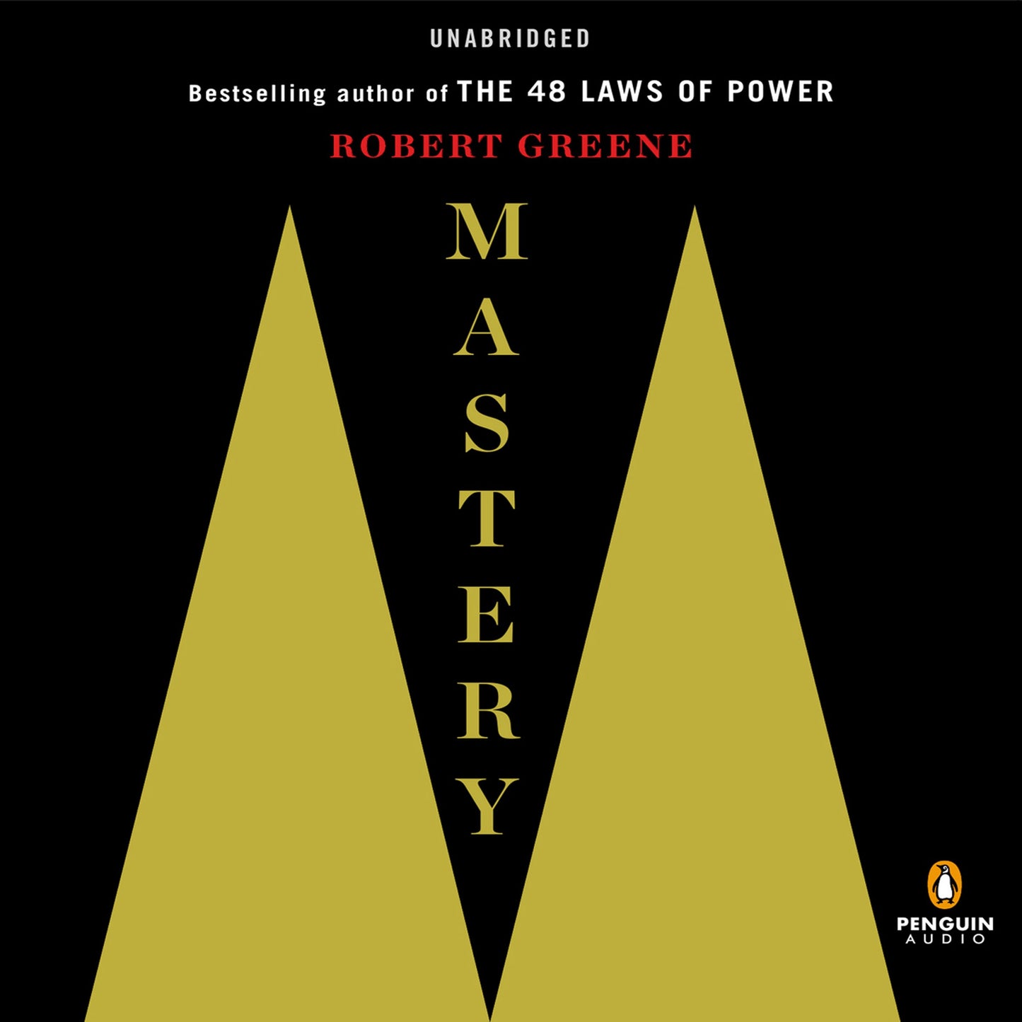 Book cover of ‘Mastery’ by Robert Greene featuring a black background with gold triangular shapes and vertical title text.