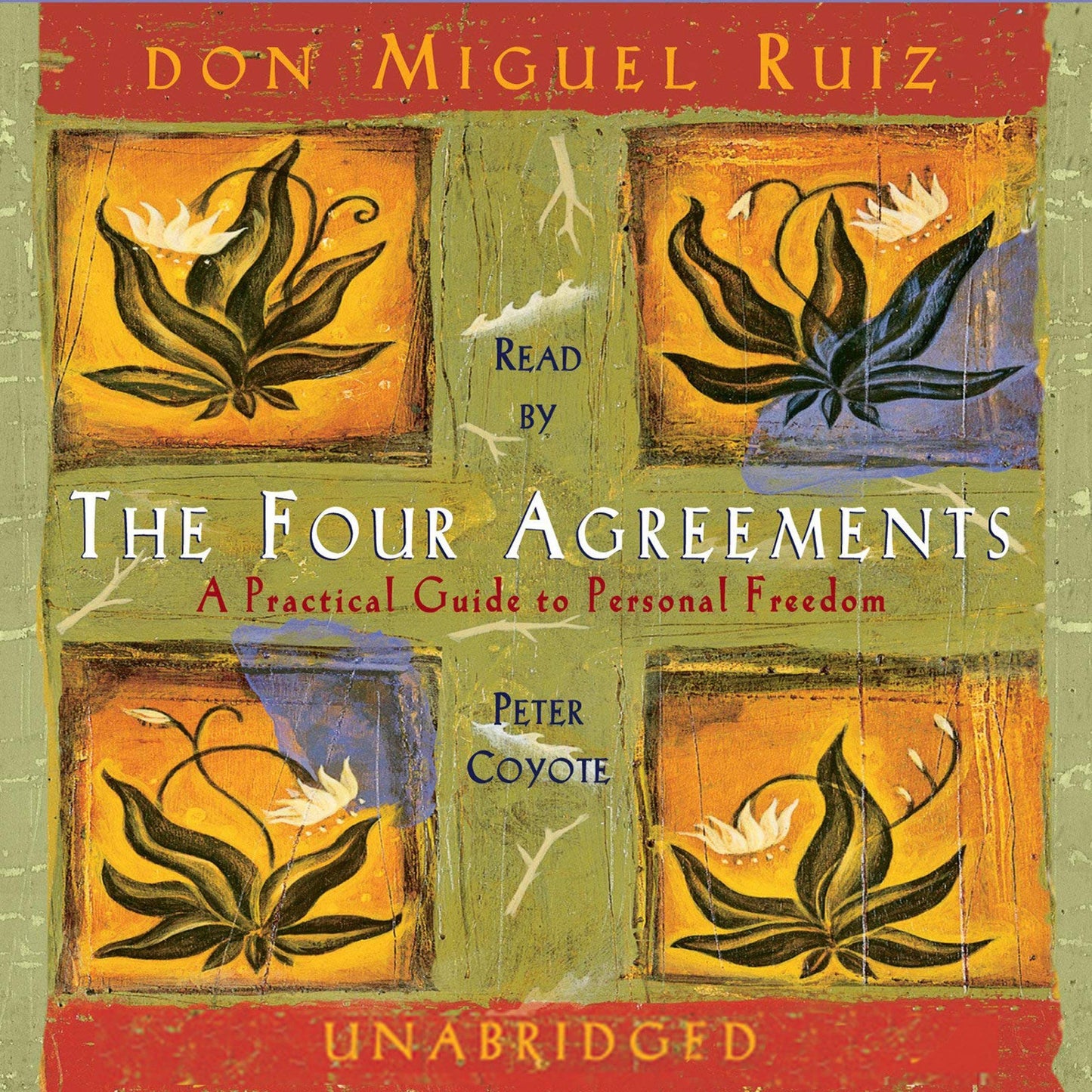 Book cover of ‘The Four Agreements’ by Don Miguel Ruiz with artistic floral design on a textured background.