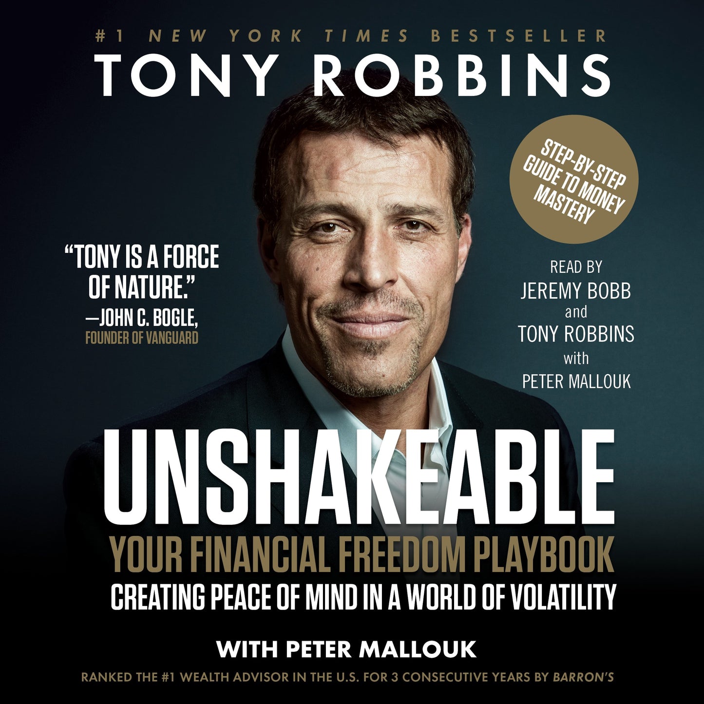 Book cover of ‘Unshakeable’ by Tony Robbins featuring the author’s portrait on a dark background.
