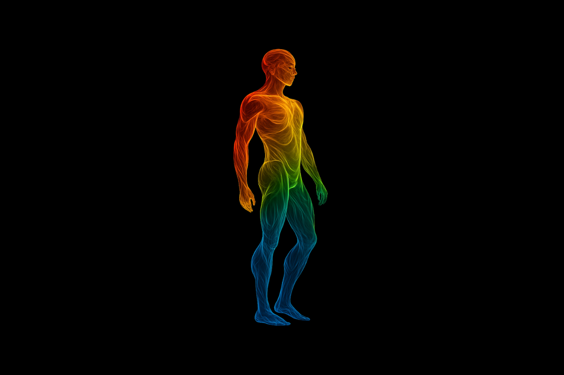 Vibrant front-facing human body illustration made of flowing colorful energy lines on a black background, symbolizing physical vitality, strength, and the Body pillar of personal development.