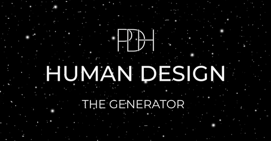 Minimalist black starfield background with white text reading “HUMAN DESIGN — THE GENERATOR” and the PDH logo above. Represents the Generator type’s energy, satisfaction, and mastery theme.