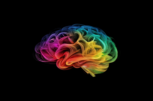 Vibrant multicolored neural brain illustration on a black background, symbolizing the power of the mind, mental faculties, and inner cognitive energy.
