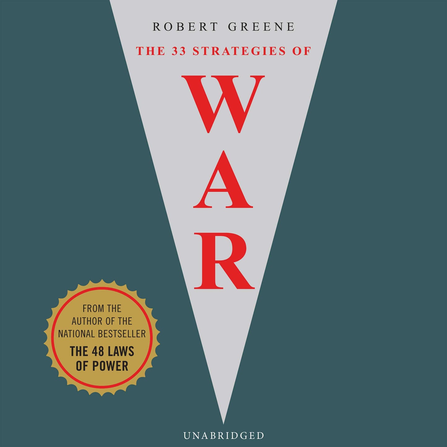 Book cover of ‘The 33 Strategies of War’ by Robert Greene with a gray inverted triangle and bold red text on a dark green background.