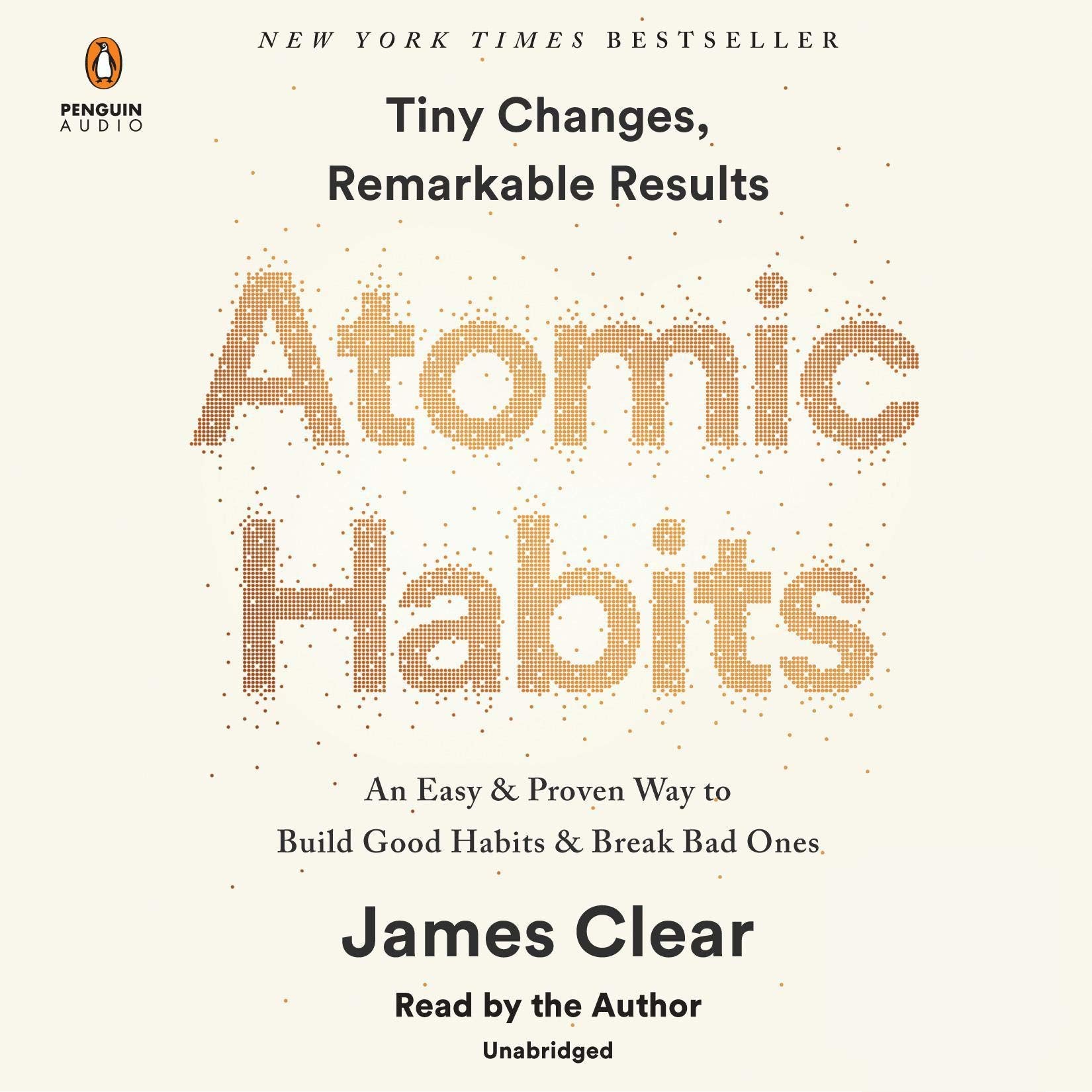 Book cover of ‘Atomic Habits’ by James Clear on a cream background with gold dotted typography.