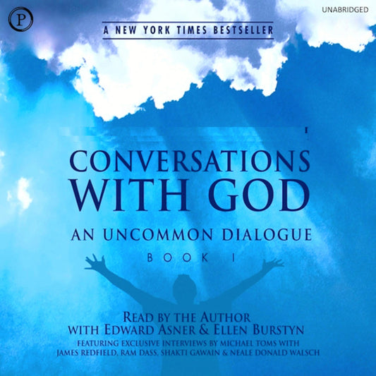Book cover of ‘Conversations With God: An Uncommon Dialogue’ featuring a blue sky, white clouds, and a silhouette raising their arms.