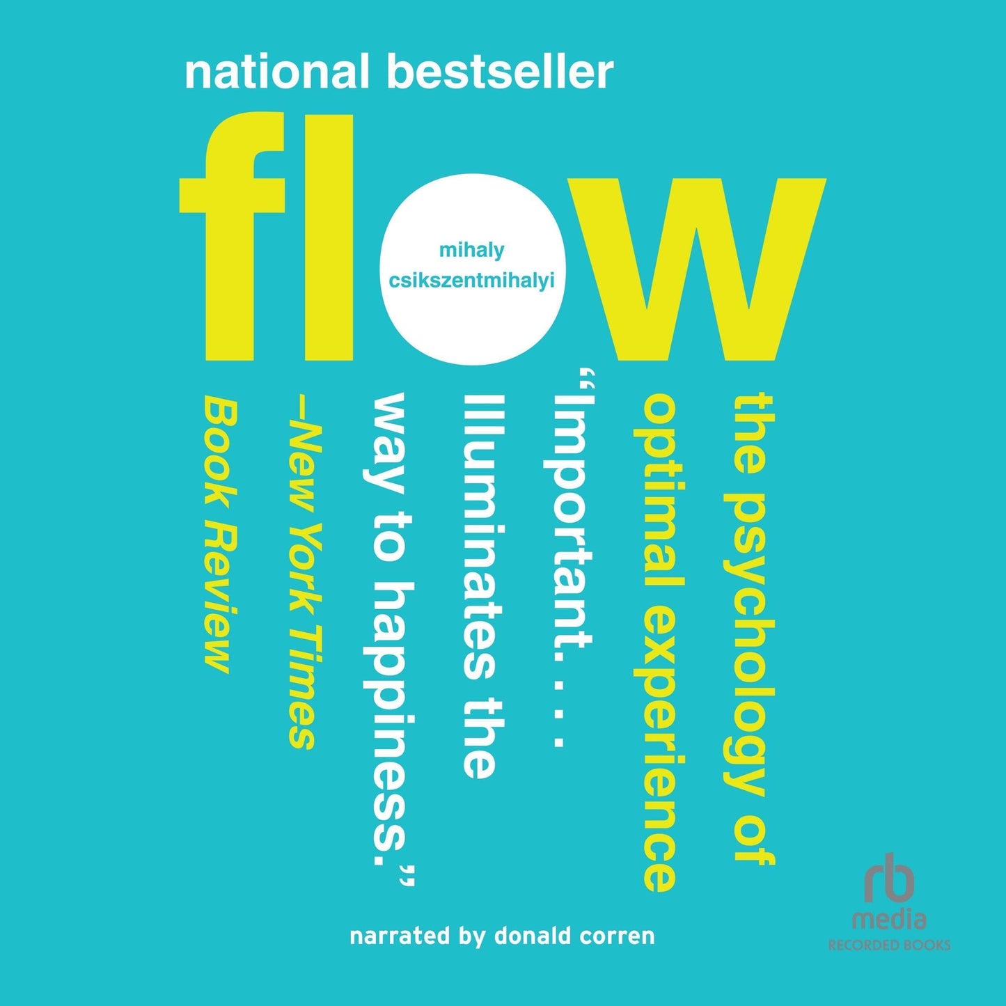 Book cover of ‘Flow: The Psychology of Optimal Experience’ by Mihaly Csikszentmihalyi with bold yellow and white text on a teal blue background.