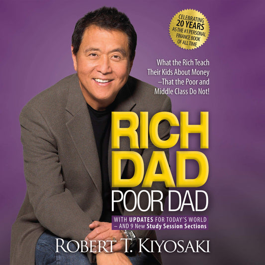Book cover of ‘Rich Dad Poor Dad’ by Robert T. Kiyosaki with the author on a purple background.