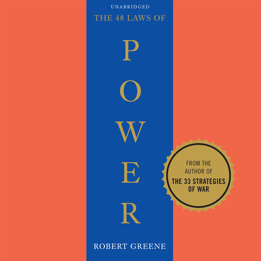 Book cover of ‘The 48 Laws of Power’ by Robert Greene, featuring a blue vertical stripe with gold text on an orange background and a gold emblem.