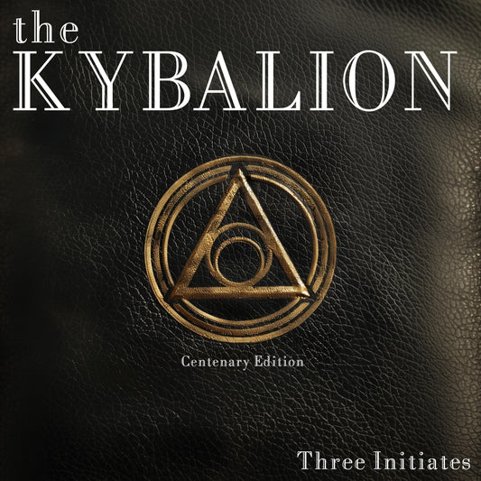 Book cover of ‘The Kybalion’ by Three Initiates featuring a gold Hermetic symbol on a black leather background.