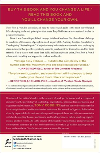 Back cover of ‘Notes from a Friend’ by Tony Robbins featuring promotional text, endorsements, and author biography.
